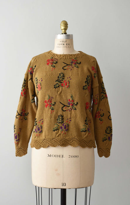 vintage ochre botanical knit sweater (m)