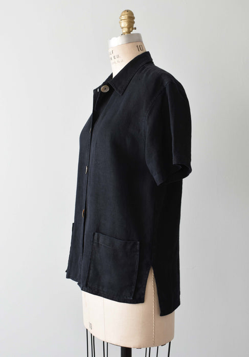 vintage black linen pocket top (m)