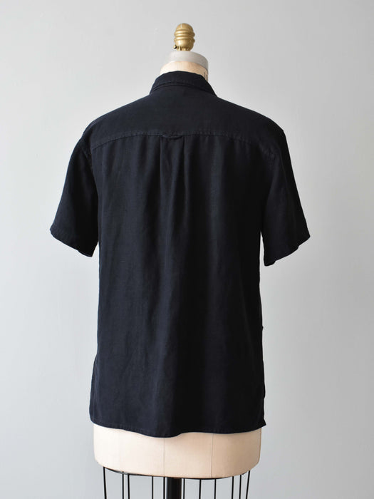 vintage black linen pocket top (m)