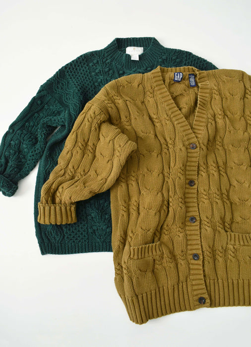 vintage ochre cable knit cardigan (l)