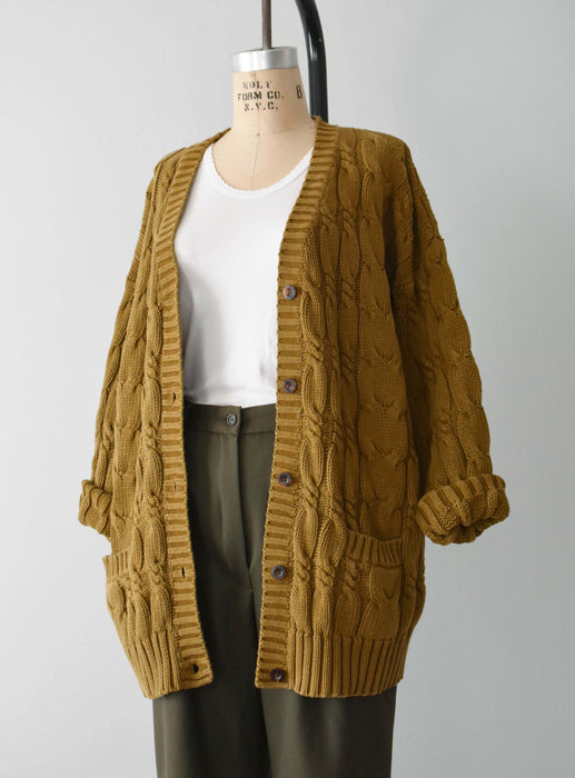 vintage ochre cable knit cardigan (l)