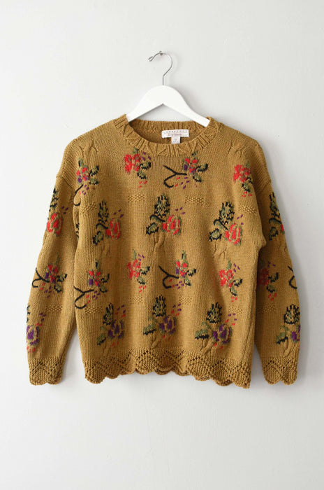 vintage ochre botanical knit sweater (m)