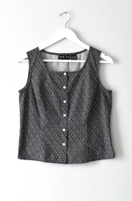 vintage sleeveless black floral top (s)