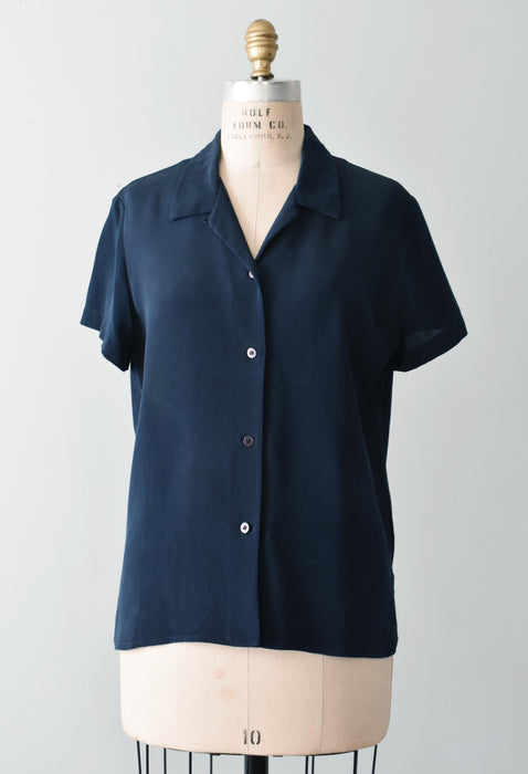 vintage navy silk blouse (m)