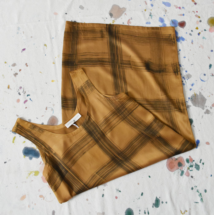 hand-painted vintage silk dress | brushstroke grid - Improv Goods